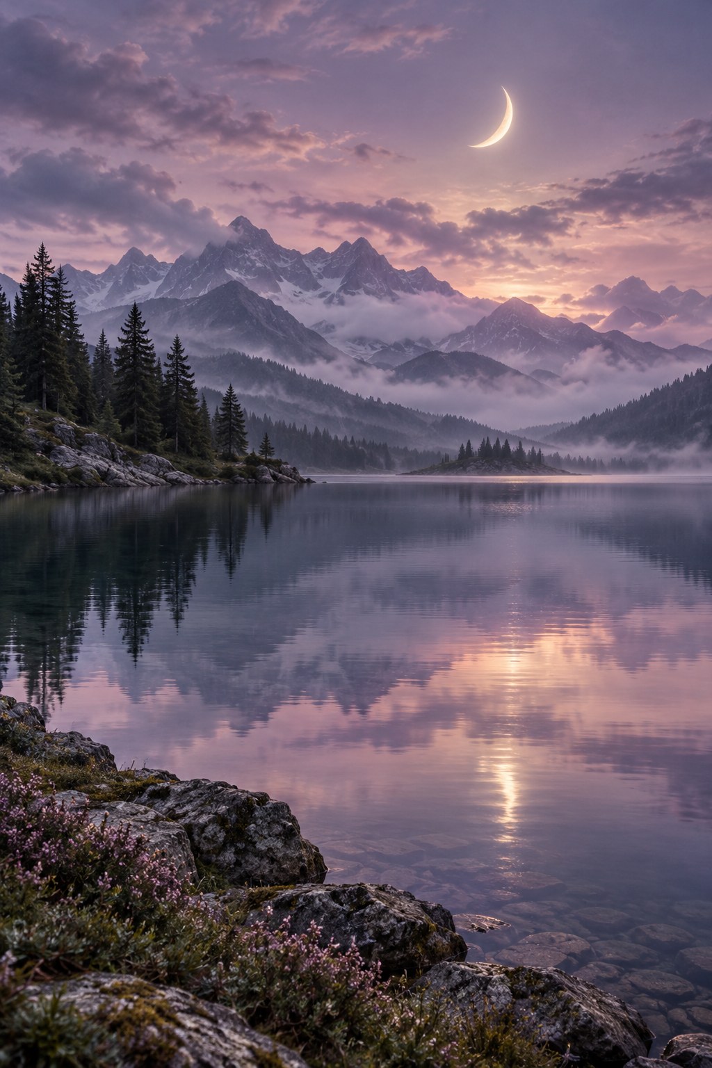 Crescent moon above a tranquil mountain lake